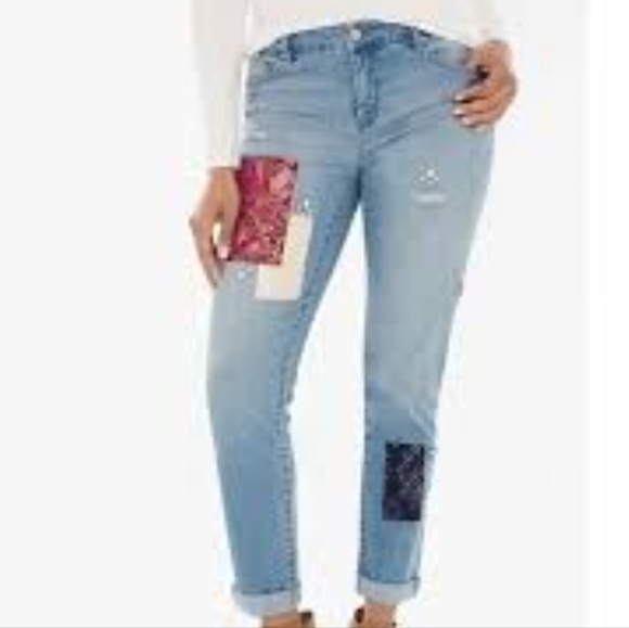 Chico's Blue So Slimming Girlfriend Slum Leg Ankle Jeans w Distressed Patchwork - Picture 2 of 14